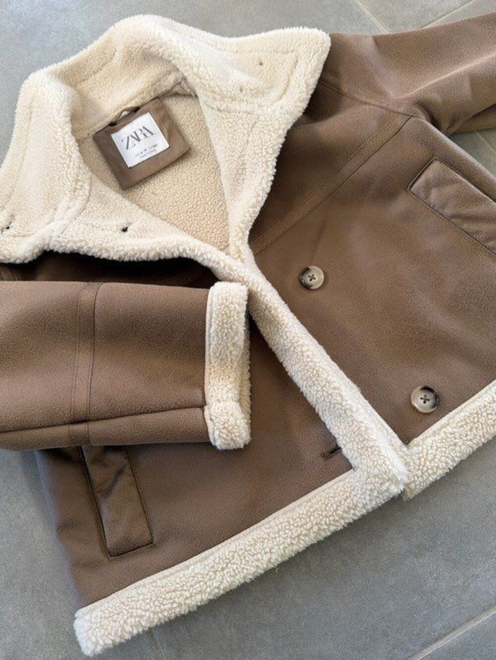 Zara Brown Shearling-Trim Pea Coat